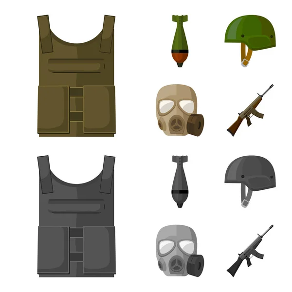 Chaleco antibalas, mío, casco, máscara de gas. Militar y ejército conjunto de iconos de la colección en la historieta, el estilo monocromo vector símbolo stock ilustración web . — Vector de stock