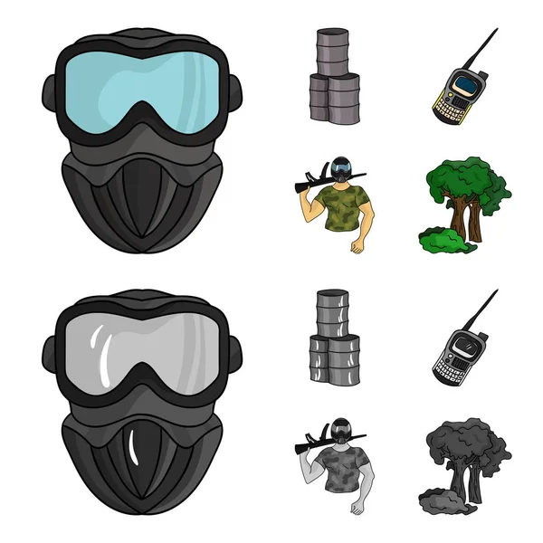 Equipo, máscara, barril, barricada .Paintball conjunto de iconos de la colección en la historieta, el estilo monocromo vector símbolo stock illustration web . — Vector de stock