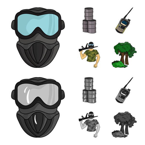 Equipment, mask, barrel, barricade .Paintball set collection icons in cartoon,monochrome style vector symbol stock illustration web.