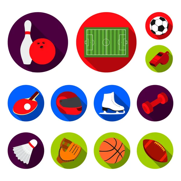 Different kinds of sports flat icons in set collection for design. Sport equipment vector symbol stock web illustration. — Stock Vector
