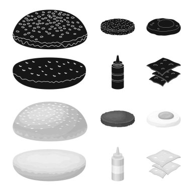 Burger ve malzemeler siyah, set koleksiyonu tasarım için monochrom simgeler. Vektör simge stok web illüstrasyon pişirme Burger.