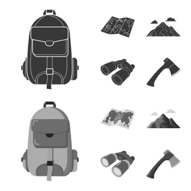 Sırt çantası, dağlar, alan, dürbün Haritası. Kamping set simgeler siyah, monochrom stil vektör simge stok çizim web içinde.