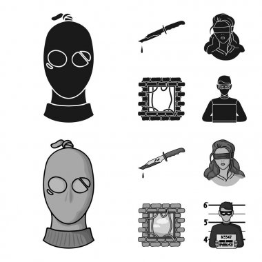 Bir hırsız bir maske, kanlı bir bıçak, bir rehine, hapishaneden kaçış. Suç toplama simgeler siyah, monochrom stil vektör simge stok çizim web içinde ayarla..