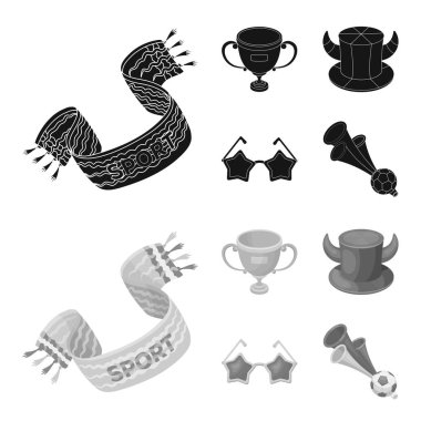 Bir eşarp, boynuzları olan bir şapka ve diğer öznitelikleri fanlar. Hayranları toplama simgeler siyah, monochrom stil vektör simge stok çizim web içinde ayarla..