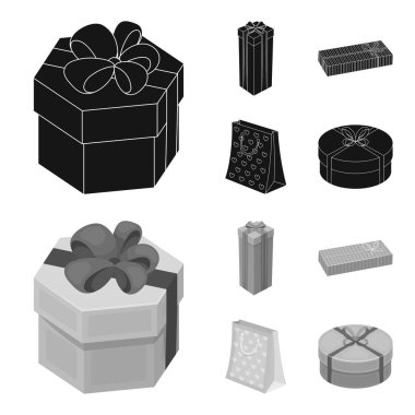 Fiyonklu hediye paketi hediye kutusu. Hediyeler ve sertifikaları toplama simgeler siyah, monochrom stil vektör simge stok çizim web ayarla.