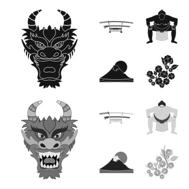 Dragon maskesi, katano, bir adam bir sumo, fujiama dağ ismi. Japonya toplama simgeler siyah, monochrom stil vektör simge stok çizim web içinde ayarla..