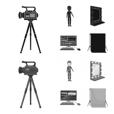 Bir film kamera, özel efektler için bir takım elbise ve diğer ekipmanlar. Toplama simgeler siyah, monochrom stil vektör simge stok çizim web içinde ayarla film yapma.