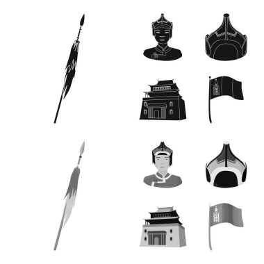 Askeri mızrak, Moğol savaşçı, kask, Bina. Moğolistan toplama simgeler siyah, monochrom stil vektör simge stok çizim web içinde ayarla..