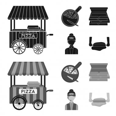 Mobil römork, pizza, kutular, satıcı için tahta kesme. Pizza ve pizza toplama simgeler siyah, monochrom stil vektör simge stok çizim web ayarla.