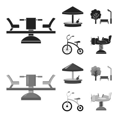 Carousel, kum, park, üç tekerlekli bisiklet. Bahçesi toplama simgeler siyah, monochrom stil vektör simge stok çizim web içinde ayarla..