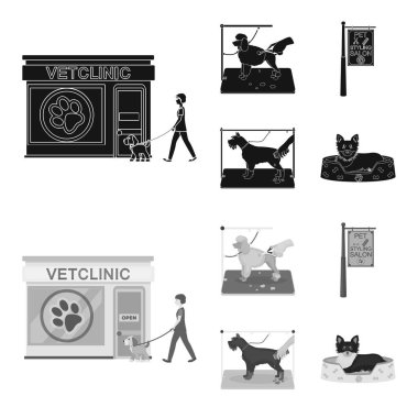 Bir veteriner Kliniği, şık bir salon a evde beslenen hayvan köpek bir saç kesimi için bir tabela ziyaret. Veteriner Kliniği ve evde beslenen hayvan, köpek bakım toplama simgeler siyah, monochrom stil vektör simge stok çizim web içinde ayarlayın..