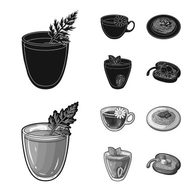 Bir cam, bir bardak papatya çayı, plaka, çilek suyu bir bardak bir yaprak lapası havuç suyu. Vejetaryen yemekleri toplama simgeler siyah, monochrom stil vektör simge stok ayarla.