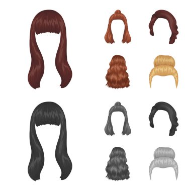 Saç uzun, kırmızı ve diğer türleri. Arka saç toplama simgeler çizgi film, tek renkli stil vektör simge stok çizim web ayarla..