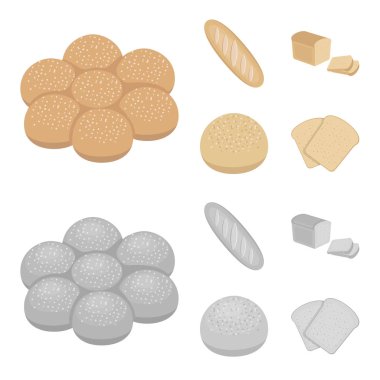 Somun, kesilmiş ekmek rulo ile toz, ekmek pişirme, yarısı. Ekmek toplama simgeler çizgi film, tek renkli stil vektör simge stok çizim web ayarla..