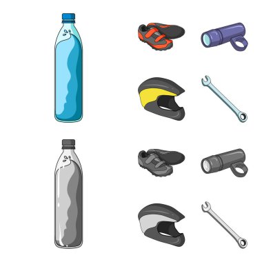 Bir şişe su, spor ayakkabı, bir el feneri için bir bisiklet, koruyucu bir kask. Bisikletçi kıyafet toplama simgeler çizgi film, tek renkli stil vektör simge stok çizim web ayarla..