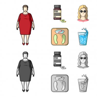 Tam kadın, gözlüklü bir kız, bir Terazi ile mükemmel sonuç. Diabeth çizgi film, tek renkli stil vektör simge stok çizim web simgeler ayarla.