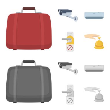 Bagaj, güvenlik kamerası, Klima, işareti rahatsız etmeyin. Otel çizgi film, tek renkli stil vektör simge stok çizim web simgeler ayarla.