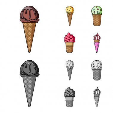 Bir gözleme koni ve diğer türler bir sopa dondurma. Dondurma toplama simgeler çizgi film, tek renkli stil vektör simge stok çizim web ayarla..