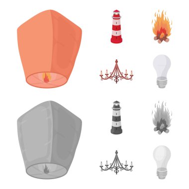 Işık bir fener, bir deniz feneri, bir yangın, mumlar ile bir avize. Çizgi film, tek renkli stil vektör simge stok çizim web simgeler ışık kaynağı ayarla.