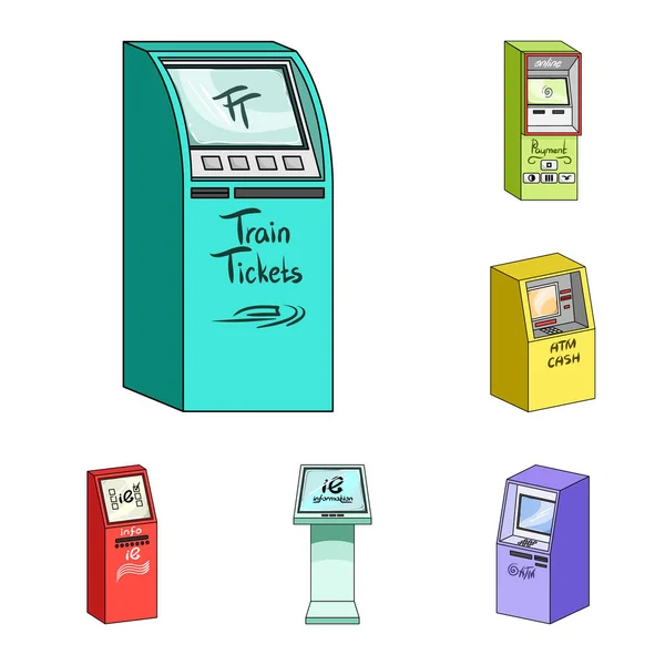 Különböző terminálok ikonok beállítása gyűjtemény, design rajzfilm. ATM és eszköz vektor szimbólum stock trading web illusztráció. — Stock Vector