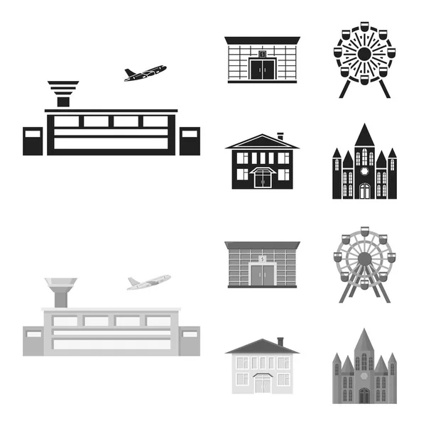 Aeroporto, banco, edifício residencial, roda gigante. Conjunto de construção ícones de coleção em preto, estilo monocromático símbolo vetorial ilustração web . — Vetor de Stock