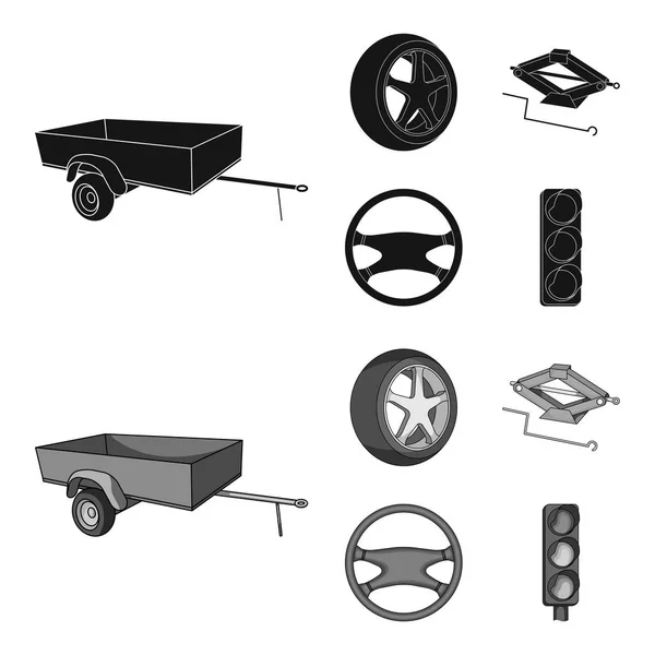 Caravane, roue avec couvercle de pneu, cric mécanique, volant, Jeu de voitures icônes de la collection en noir, symbole vectoriel de style monochrome illustration web . — Image vectorielle
