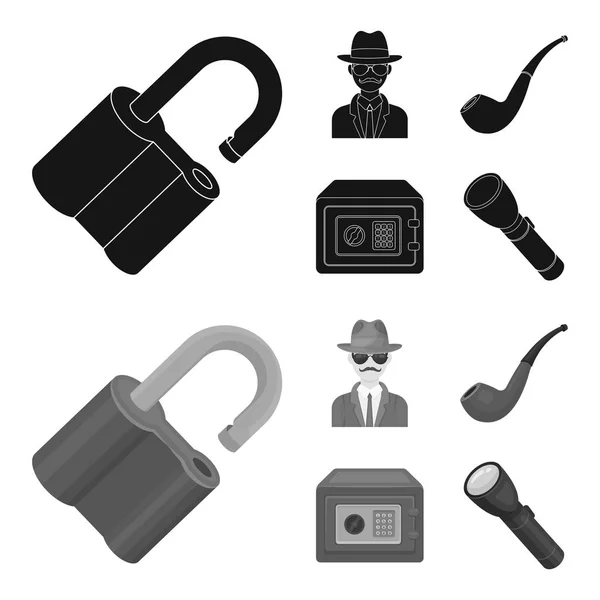 Bloqueo hackeado, caja fuerte, pipa humeante, detective.Detective privado conjunto de iconos de la colección en negro, monochrom estilo vector símbolo stock ilustración web . — Vector de stock