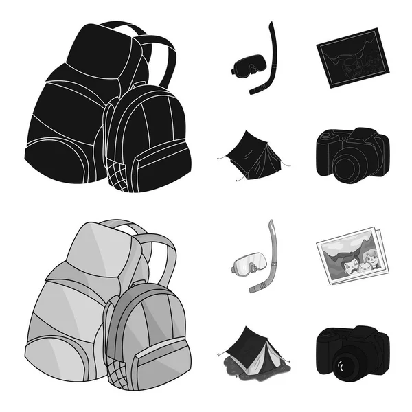 Viaje, vacaciones, mochila, equipaje. Iconos de colección conjunto de vacaciones familiares en negro, monochrom estilo vector símbolo stock ilustración web . — Vector de stock