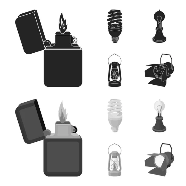 Запальничка, економічна лампа, лампа-едісон, гасова лампа. Запальничка джерела набору значків колекції в чорному, монотонному стилі Векторний символ стокової ілюстрації веб . — стоковий вектор