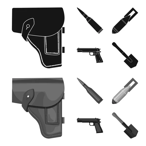 Holster, cartridge, lucht bom, pistool. Leger en leger instellenin collectie iconen zwart, monochrom stijl vector symbool stock illustratie web. — Stockvector