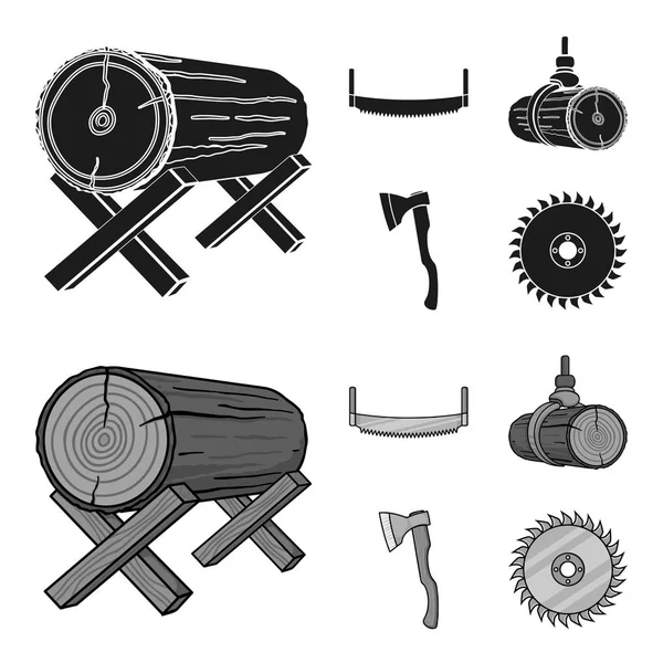 Log on supports, two-hand saw, ax, raising logs. Sawmill and timber set collection icons in black,monochrom style vector symbol stock illustration web. — Stock Vector