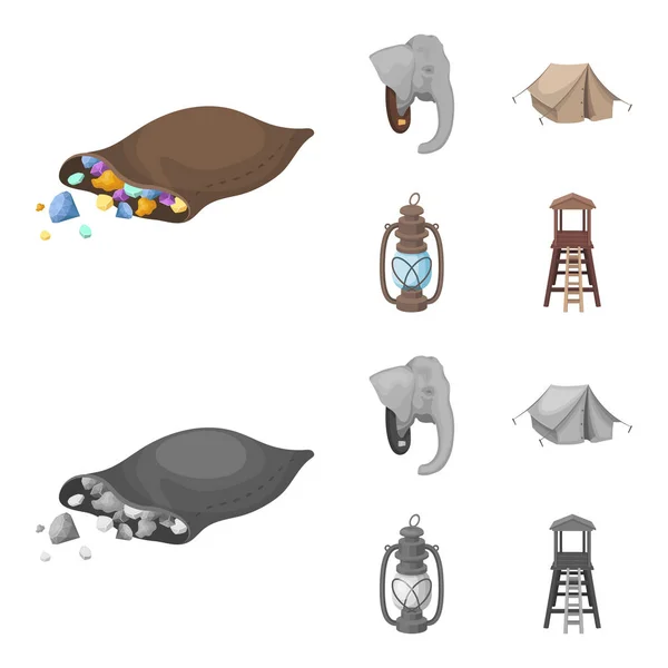 A bag of diamonds, an elephant head, a kerosene lamp, a tent. African safari set collection icons in cartoon,monochrome style vector symbol stock illustration web. — Stock Vector