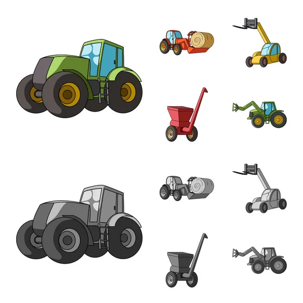 Traktor, Heuwuchtmaschine und andere landwirtschaftliche Geräte. Landmaschinen Set Sammlung Symbole in Cartoon, monochromen Stil Vektor Symbol Stock Illustration Web. — Stockvektor