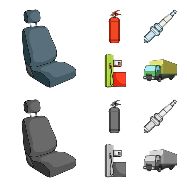 Silla con reposacabezas, extintor de incendios, vela del coche, gasolinera, iconos de la colección del sistema de coche en la historieta, el estilo monocromo vector símbolo stock ilustración web . — Vector de stock