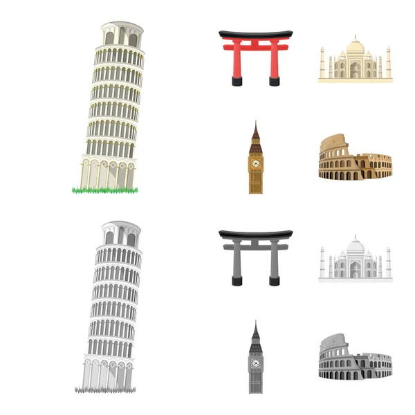 Lugares de interés de diferentes países de dibujos animados, iconos monocromáticos en la colección de conjuntos para el diseño. Famoso edificio vector símbolo stock web ilustración . — Vector de stock