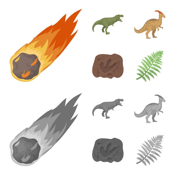 Padající meteorit, parasaurolophus, tyrannosaurus, otisk nohy dinosaurů. Dinosaurus a prehistorické období sada kolekce ikon v karikatuře, monochromatický stylu vektor symbol skladem ilustrace — Stockový vektor