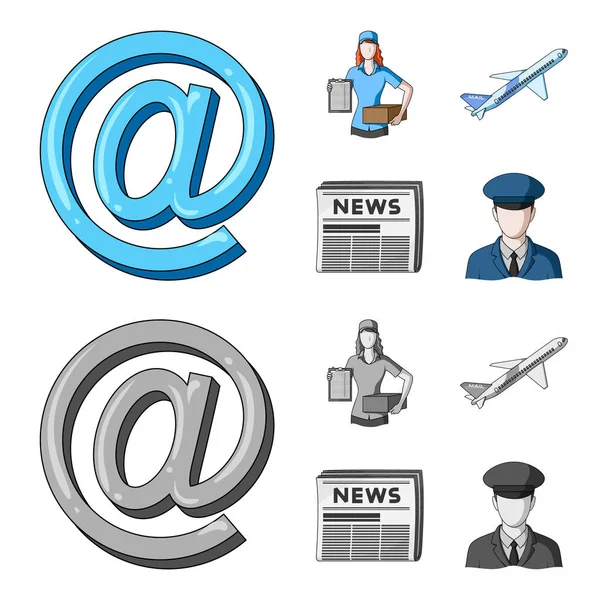Σύμβολο email, courier με δέμα, ταχυδρομική αεροπλάνο, πακέτο των εφημερίδων. Αλληλογραφίας και ταχυδρόμος που συλλογή εικονιδίων στο καρτουν, μονόχρωμη στυλ διάνυσμα σύμβολο μετοχής εικονογράφηση web. — Διανυσματικό Αρχείο