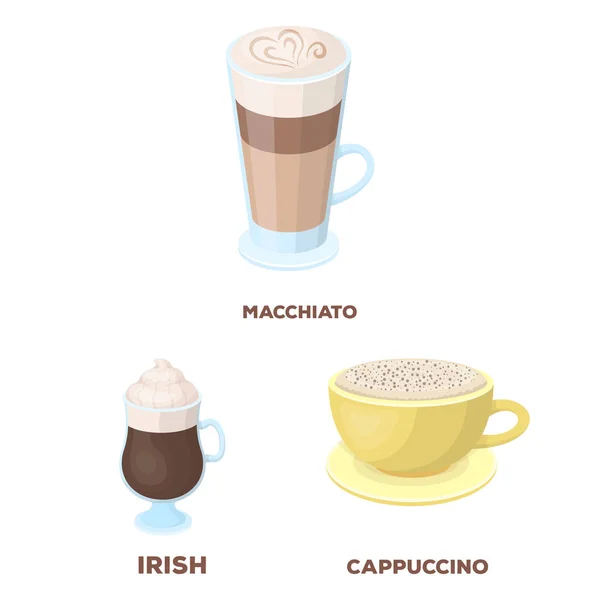Diferite tipuri de icoane de desene animate de cafea în colecția de seturi pentru design. Cafea băutură vector simbol stoc ilustrare web . — Vector de stoc