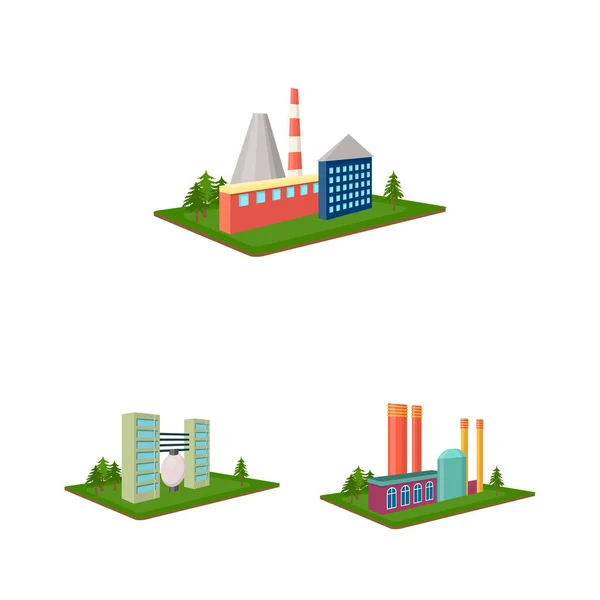 Fabriken och växt tecknad ikoner i set insamling för design. Produktion och enterprise vektor isometrisk symbol lager web illustration. — Stock vektor