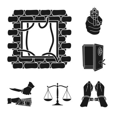 Suç ve ceza set koleksiyonu tasarım için simgeler siyah. Suç vektör simge stok web çizim.