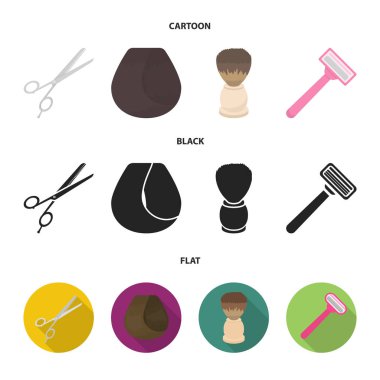 Makas, fırça, jilet ve diğer ekipmanlar. Kuaför toplama simgeler çizgi film, siyah, düz stil vektör simge stok çizim web içinde ayarla..