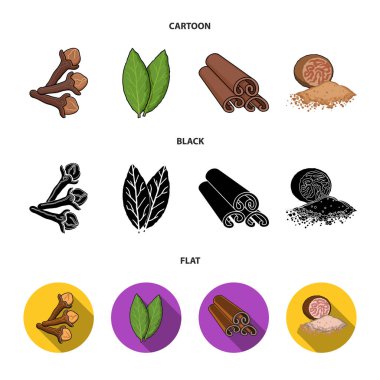 Karanfil, defne yaprağı, küçük hindistan cevizi, tarçın. Otlar ve baharatlar toplama simgeler çizgi film, siyah, düz stil vektör simge stok çizim web ayarla.