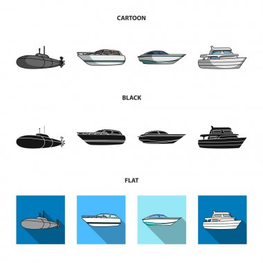 Askeri bir denizaltı, sürat teknesi, bir zevk tekne ve ruhu tekne. Gemi ve Su ulaştırma araçları toplama simgeler çizgi film, siyah, düz stil vektör simge stok çizim web ayarla.