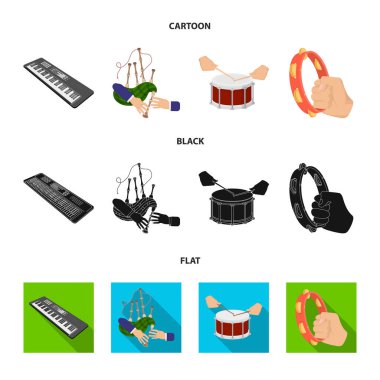 Synthesizer melodiler, çizgi film, siyah, düz stil bagpipes skoç ve diğer web simgesi. davul, davul, tef el Icons set koleksiyonu.