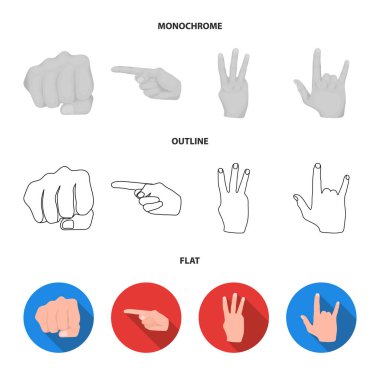 Açık yumruk, zafer, cimri. El hareketi toplama simgeler koymak düz, anahat, tek renkli stil vektör simge stok çizim web.