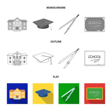 Masa lambası, makas, çalar saat, hesap makinesi. Okul ve eğitim koleksiyonu Icons set düz, anahat, tek renkli stil vektör simge stok çizim web.