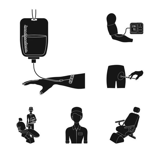 Iconos negros de la medicina y del tratamiento en la colección del sistema para el diseño.Ilustración de la tela del símbolo del vector del hospital y del equipo . — Vector de stock