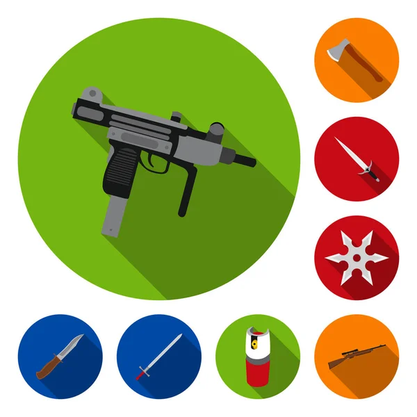 Tipos de armas ícones planos na coleção de conjuntos para design.Firearms e armas lâminas símbolo vetorial ilustração web estoque . —  Vetores de Stock