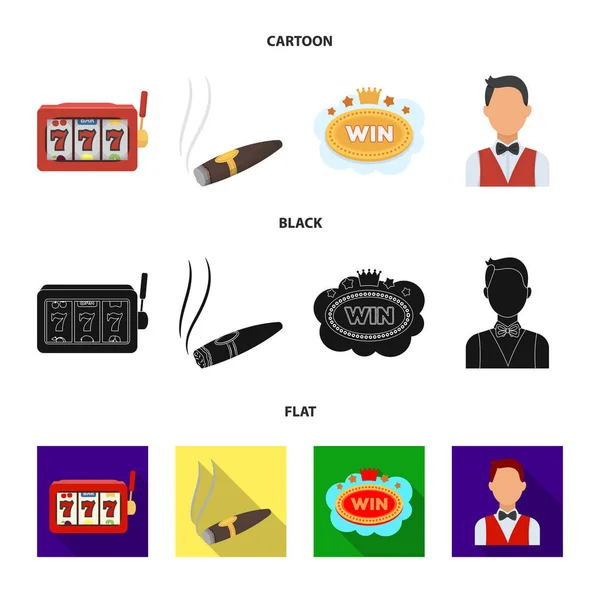 A gaming machine a one-armed bandit, a cigar with smoke, a five-star hotel sign, a dilettante in a vest. Casinos and gambling set collection icons in cartoon,black,flat style vector symbol stock — Stock Vector