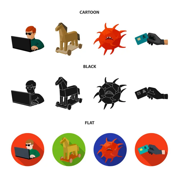 Hacker, hacking, sistema, internet .Hackers e ícones de coleção de conjuntos de hackers em desenhos animados, preto, estilo plano símbolo vetorial web ilustração estoque . — Vetor de Stock